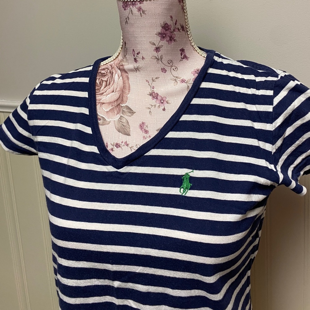 RALPH LAUREN Navy White Stripe V Neck T Shirt